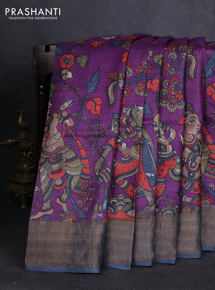 Pure tussar silk saree purple and grey with allover kalamkari prints and zari woven border