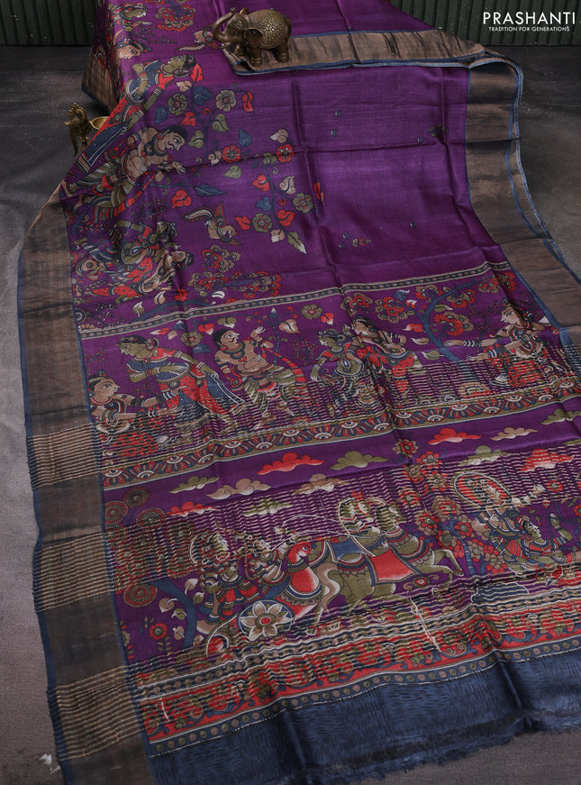 Pure tussar silk saree purple and grey with allover kalamkari prints and zari woven border