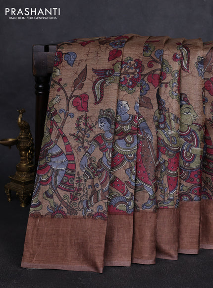 Pure tussar silk saree dark beige with allover kalamkari prints and zari woven border