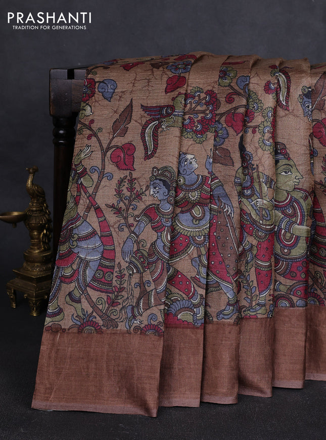 Pure tussar silk saree dark beige with allover kalamkari prints and zari woven border