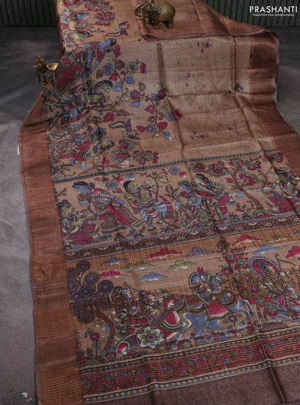 Pure tussar silk saree dark beige with allover kalamkari prints and zari woven border