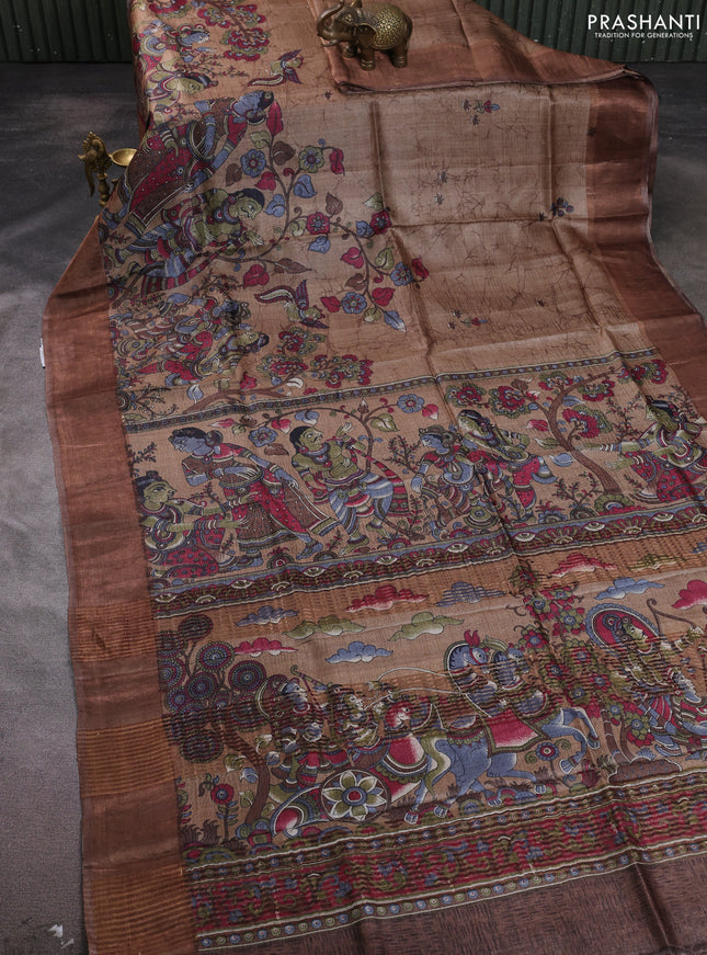 Pure tussar silk saree dark beige with allover kalamkari prints and zari woven border