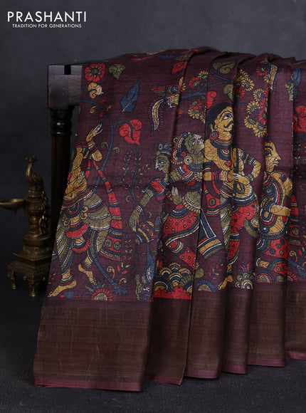 Pure tussar silk saree wine shade with allover kalamkari prints and zari woven border
