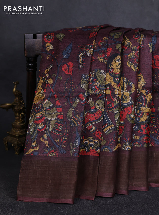 Pure tussar silk saree wine shade with allover kalamkari prints and zari woven border