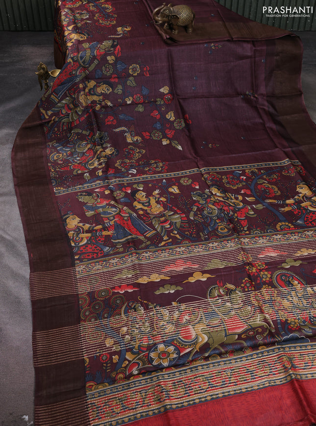 Pure tussar silk saree wine shade with allover kalamkari prints and zari woven border