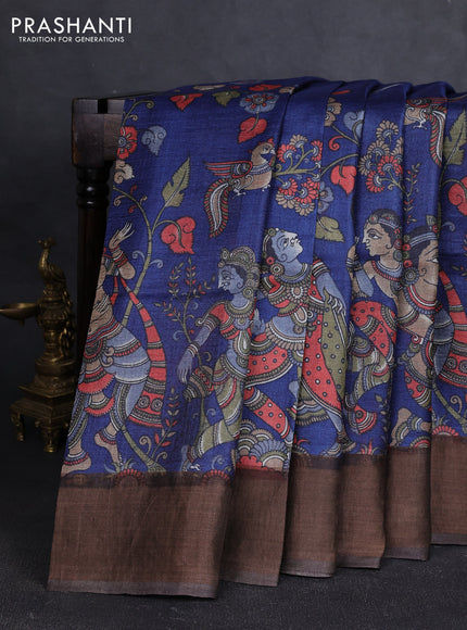 Pure tussar silk saree navy blue and brown with allover kalamkari prints and zari woven border