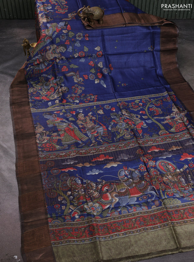 Pure tussar silk saree navy blue and brown with allover kalamkari prints and zari woven border