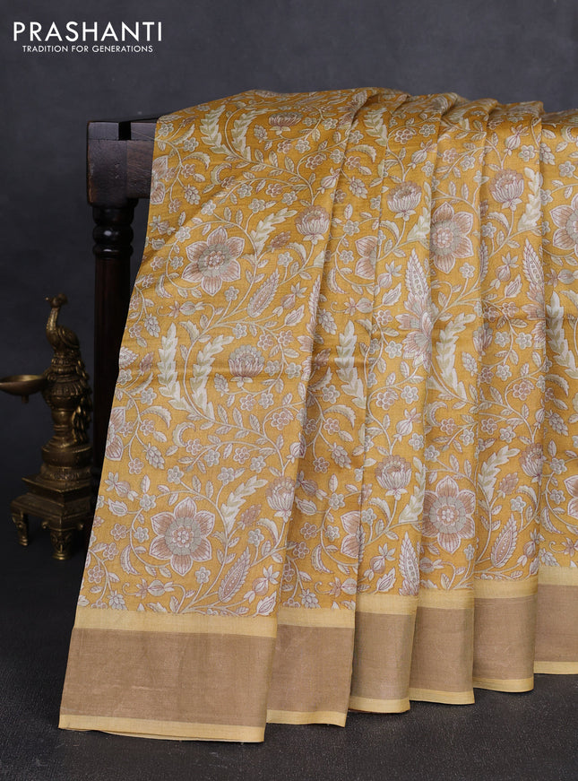 Pure tussar silk saree yellow with allover floral prints and zari woven border