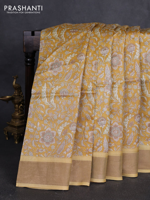 Pure tussar silk saree yellow with allover floral prints and zari woven border