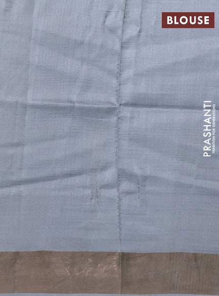 Pure tussar silk saree pastel grey with allover floral prints and zari woven border