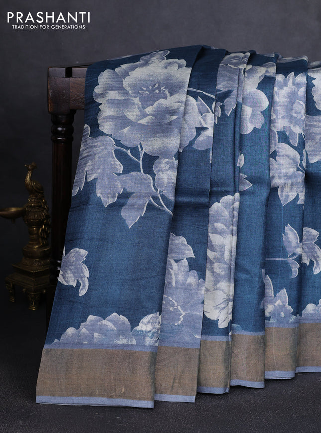 Pure tussar silk saree peacock blue and grey with allover floral prints and zari woven border