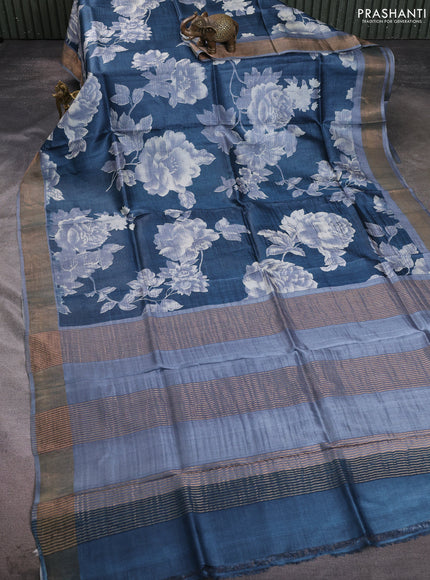 Pure tussar silk saree peacock blue and grey with allover floral prints and zari woven border