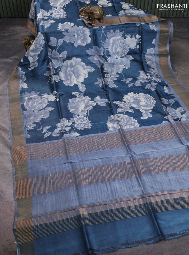 Pure tussar silk saree peacock blue and grey with allover floral prints and zari woven border