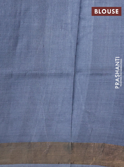 Pure tussar silk saree peacock blue and grey with allover floral prints and zari woven border