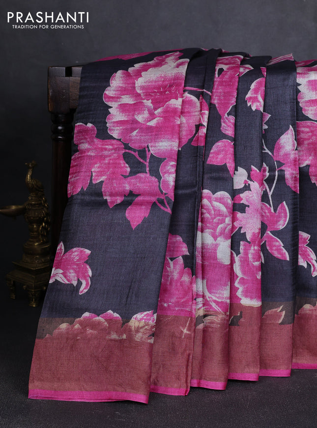 Pure tussar silk saree black and pink with allover floral prints and zari woven border