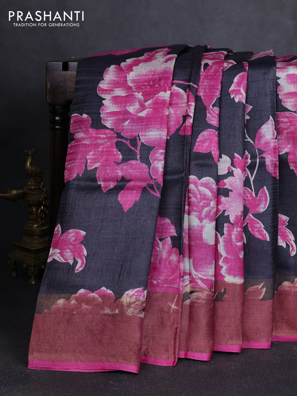 Pure tussar silk saree black and pink with allover floral prints and zari woven border