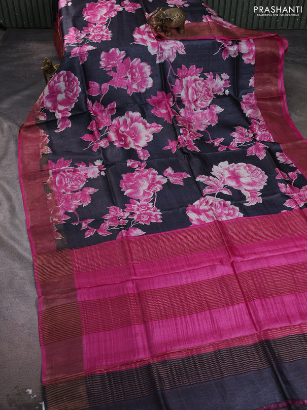 Pure tussar silk saree black and pink with allover floral prints and zari woven border