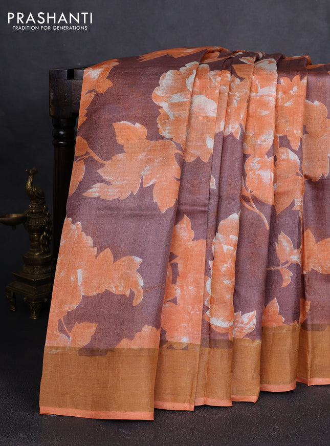 Pure tussar silk saree pastel brown and orange with allover floral prints and zari woven border