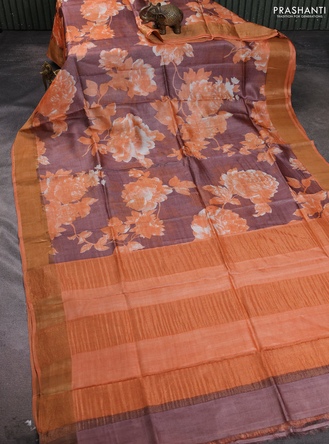 Pure tussar silk saree pastel brown and orange with allover floral prints and zari woven border