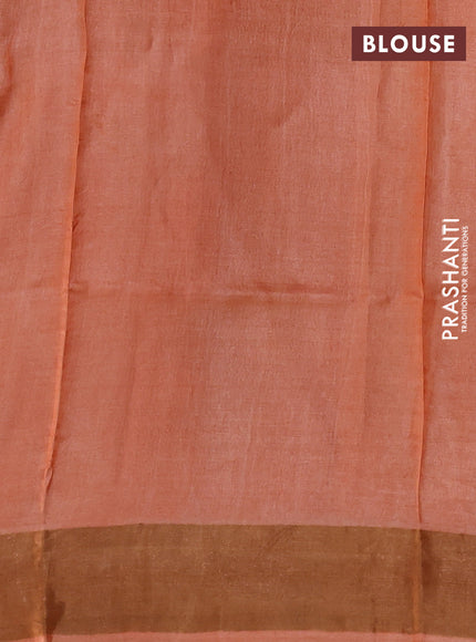 Pure tussar silk saree pastel brown and orange with allover floral prints and zari woven border
