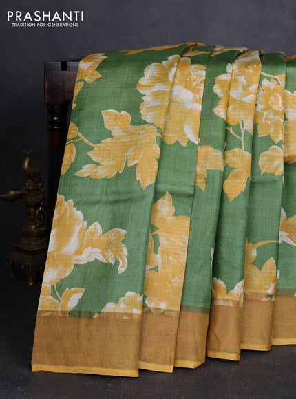 Pure tussar silk saree green and mustard yellow with allover floral prints and zari woven border