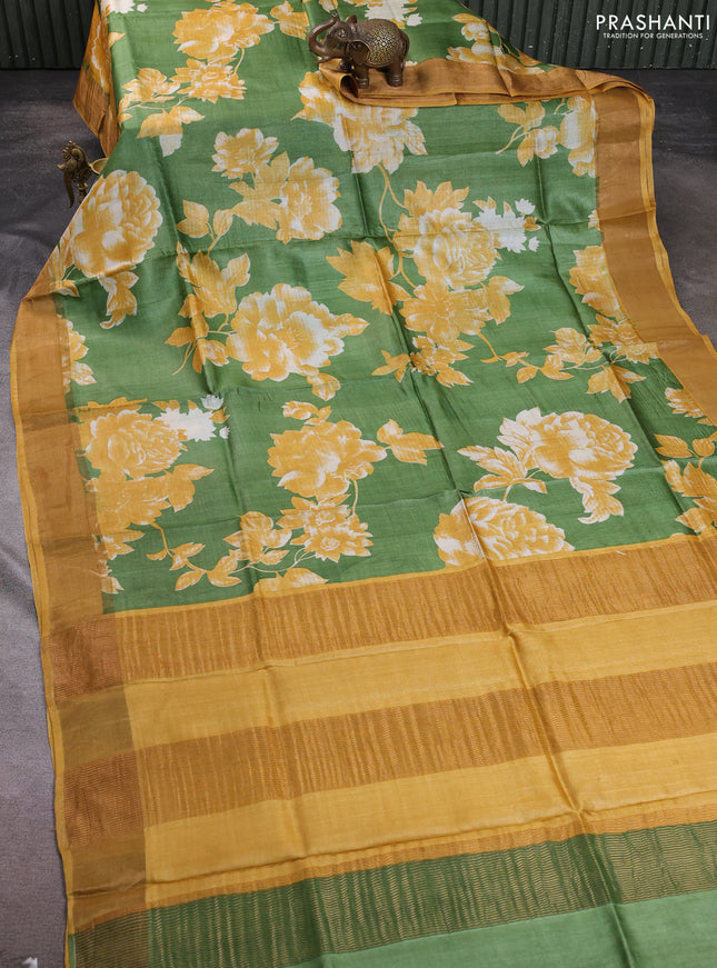 Pure tussar silk saree green and mustard yellow with allover floral prints and zari woven border