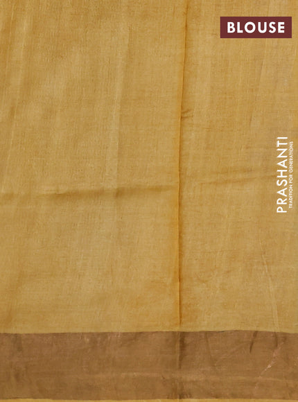 Pure tussar silk saree green and mustard yellow with allover floral prints and zari woven border
