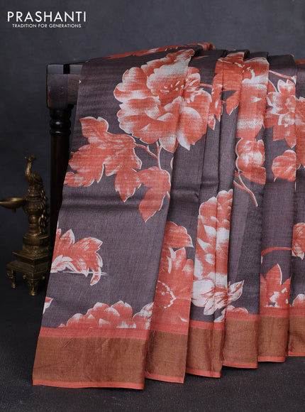 Pure tussar silk saree coffee brown and rustic orange with allover floral prints and zari woven border