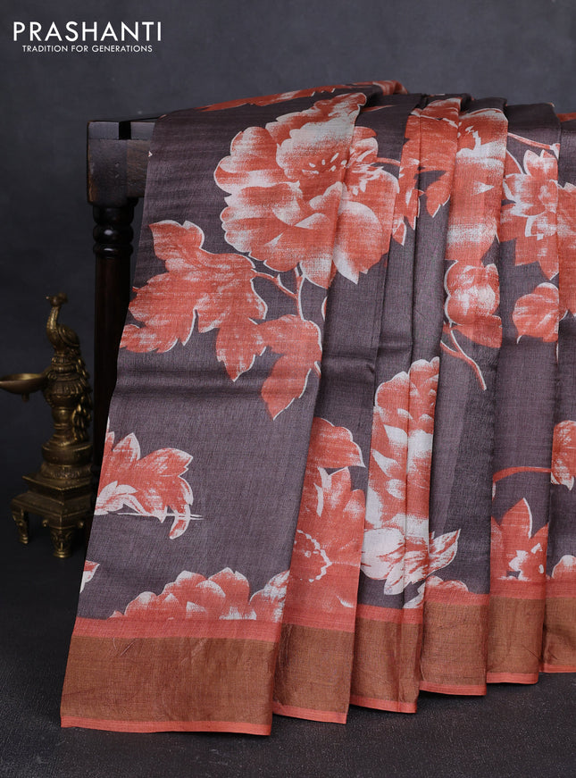 Pure tussar silk saree coffee brown and rustic orange with allover floral prints and zari woven border