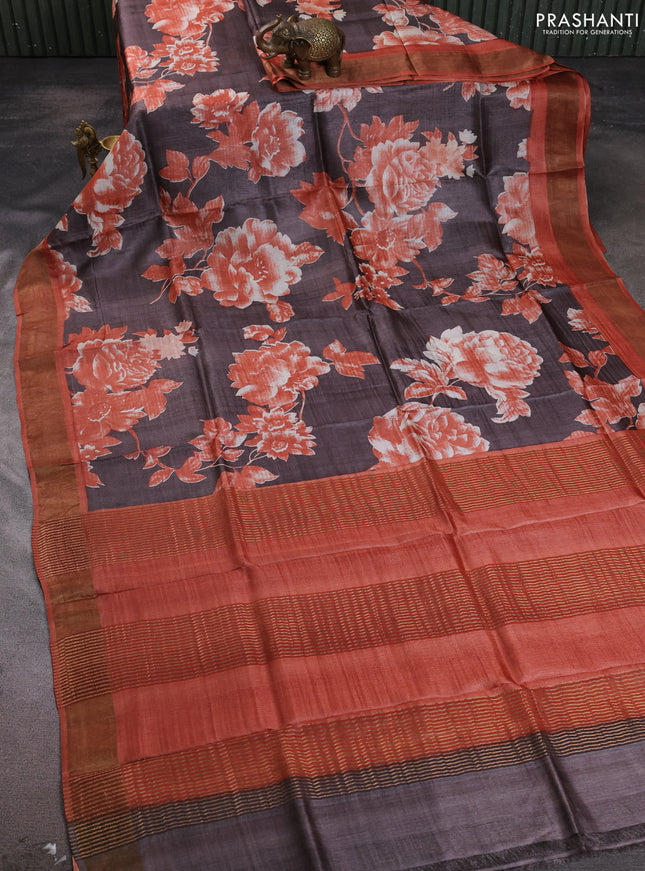 Pure tussar silk saree coffee brown and rustic orange with allover floral prints and zari woven border