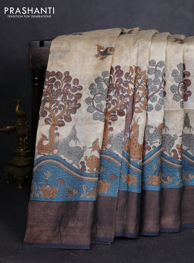 Pure tussar silk saree cream blue and elephant grey with allover kalamkari prints and zari woven border