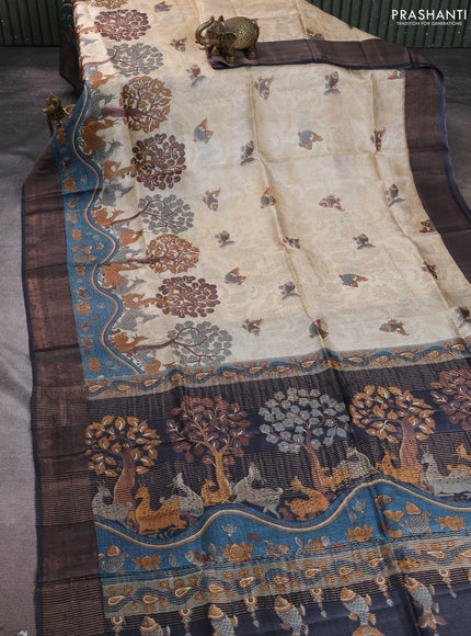Pure tussar silk saree cream blue and elephant grey with allover kalamkari prints and zari woven border