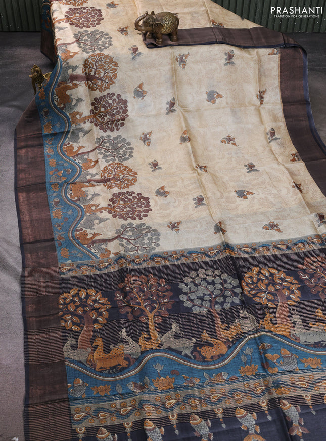 Pure tussar silk saree cream blue and elephant grey with allover kalamkari prints and zari woven border