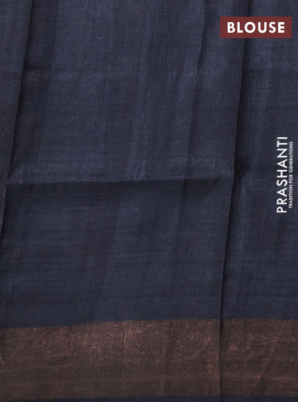 Pure tussar silk saree cream blue and elephant grey with allover kalamkari prints and zari woven border