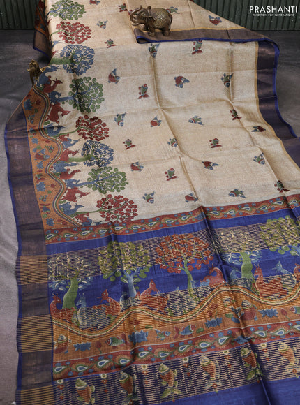 Pure tussar silk saree cream dark mustard and blue with allover kalamkari prints and zari woven border