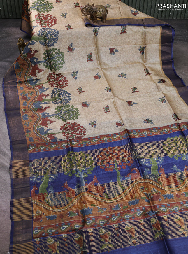 Pure tussar silk saree cream dark mustard and blue with allover kalamkari prints and zari woven border