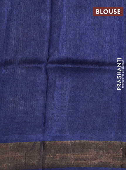 Pure tussar silk saree cream dark mustard and blue with allover kalamkari prints and zari woven border