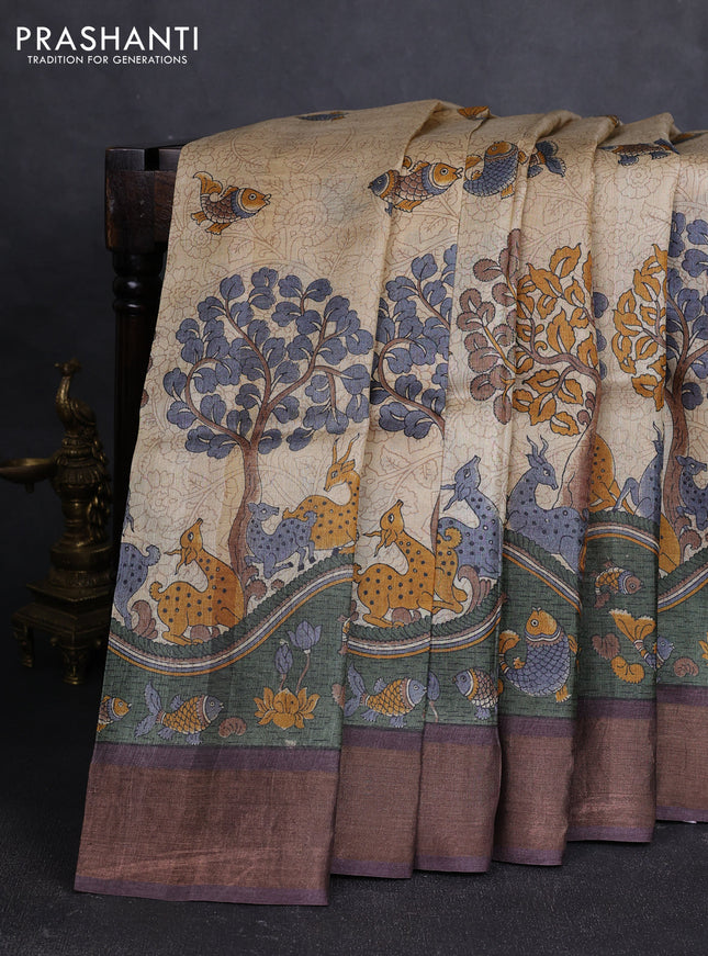 Pure tussar silk saree cream sap green and brown with allover kalamkari prints and zari woven border
