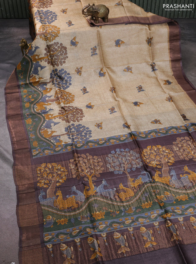Pure tussar silk saree cream sap green and brown with allover kalamkari prints and zari woven border