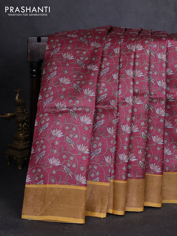 Pure tussar silk saree maroon shade and mustard yellow with allover floral prints and zari woven border