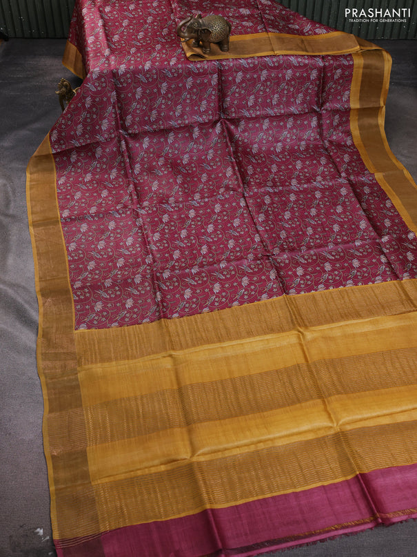 Pure tussar silk saree maroon shade and mustard yellow with allover floral prints and zari woven border