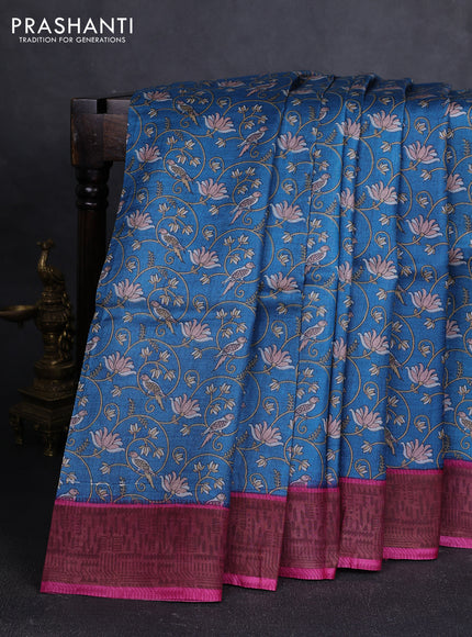 Pure tussar silk saree peacock blue and magenta pink with allover prints and zari woven border