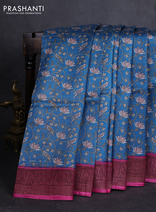 Pure tussar silk saree peacock blue and magenta pink with allover prints and zari woven border