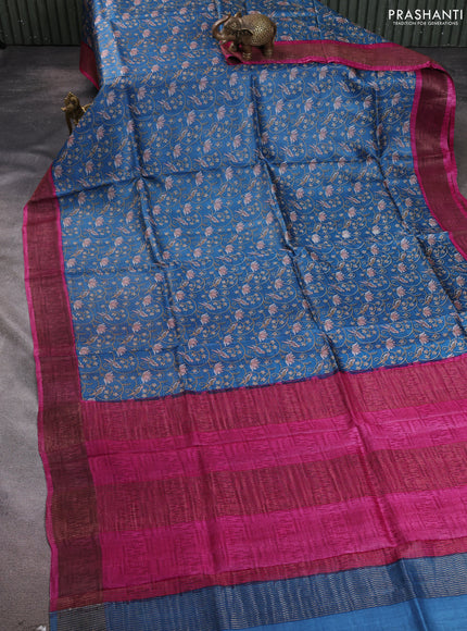 Pure tussar silk saree peacock blue and magenta pink with allover prints and zari woven border