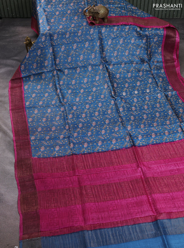 Pure tussar silk saree peacock blue and magenta pink with allover prints and zari woven border