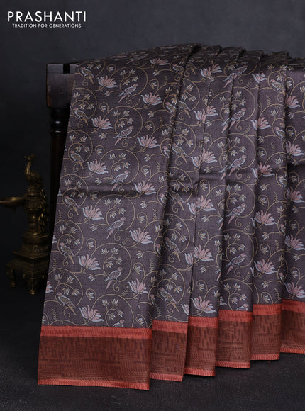 Pure tussar silk saree coffee brown and rust shade with allover prints and zari woven border