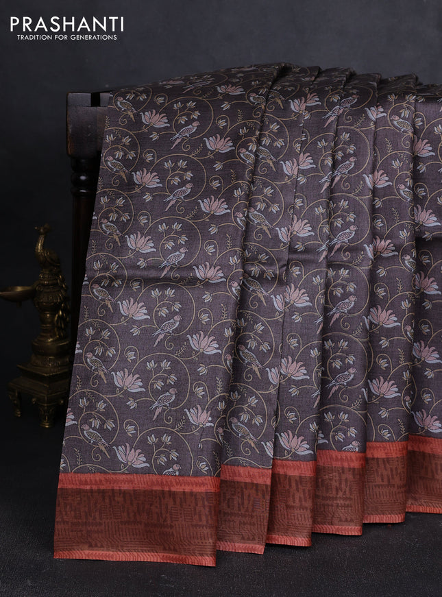 Pure tussar silk saree coffee brown and rust shade with allover prints and zari woven border