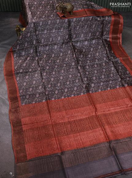 Pure tussar silk saree coffee brown and rust shade with allover prints and zari woven border