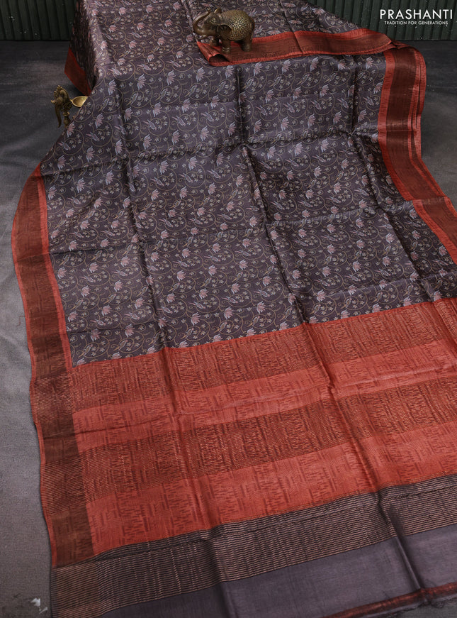 Pure tussar silk saree coffee brown and rust shade with allover prints and zari woven border