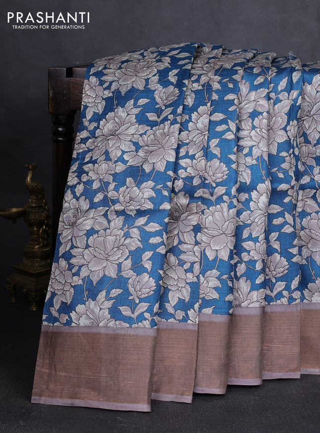 Pure tussar silk saree peacock blue and grey with allover floral prints and zari woven border